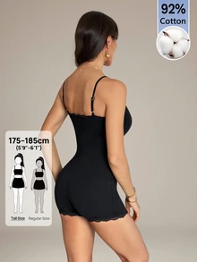 SHEIN Tall 92% Cotton Lace Camisole Romper, Versatile Style, Suitable For Tall Figures - Black - View 6