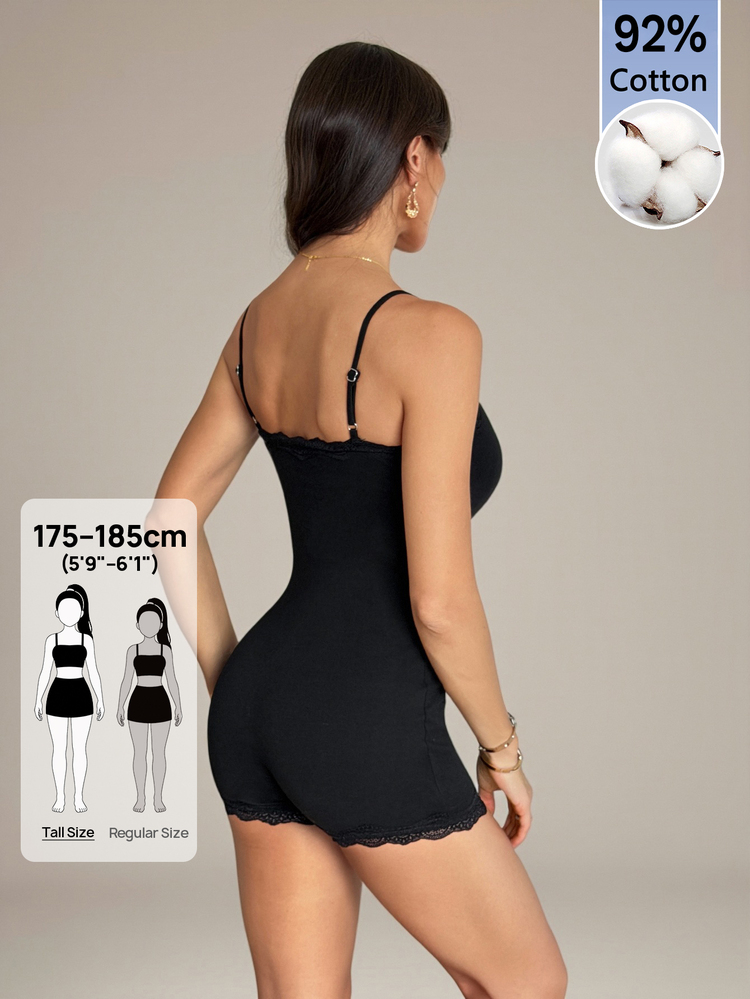 SHEIN Tall 92%棉蕾絲吊帶連身褲，百搭風格，適合高挑身材 - 黑色 - 查看 6