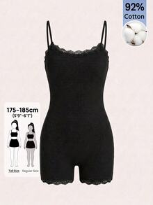 SHEIN Tall 92% Cotton Lace Camisole Romper, Versatile Style, Suitable For Tall Figures - Black - View 7