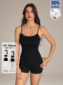 SHEIN Tall 92% Cotton Lace Camisole Romper, Versatile Style, Suitable For Tall Figures - Black - View 5