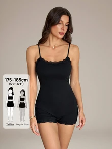 SHEIN Tall 92% Cotton Lace Camisole Romper, Versatile Style, Suitable For Tall Figures - Black - View 2