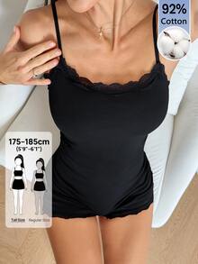 SHEIN Tall 92% Cotton Lace Camisole Romper, Versatile Style, Suitable For Tall Figures - Black - View 3