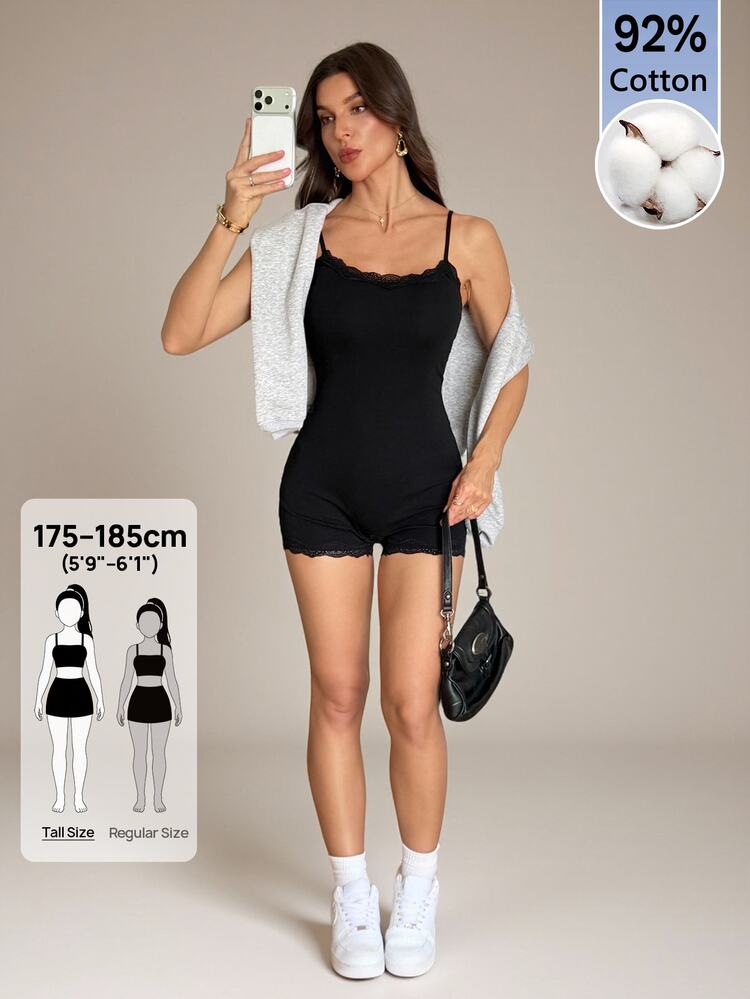 SHEIN Tall 92%棉蕾絲吊帶連身褲，百搭風格，適合高挑身材 - 黑色 - 查看 4