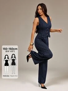 SHEIN PETITE 夏季時尚通勤條紋背心與長褲兩件套 - 彩色 - 查看 1