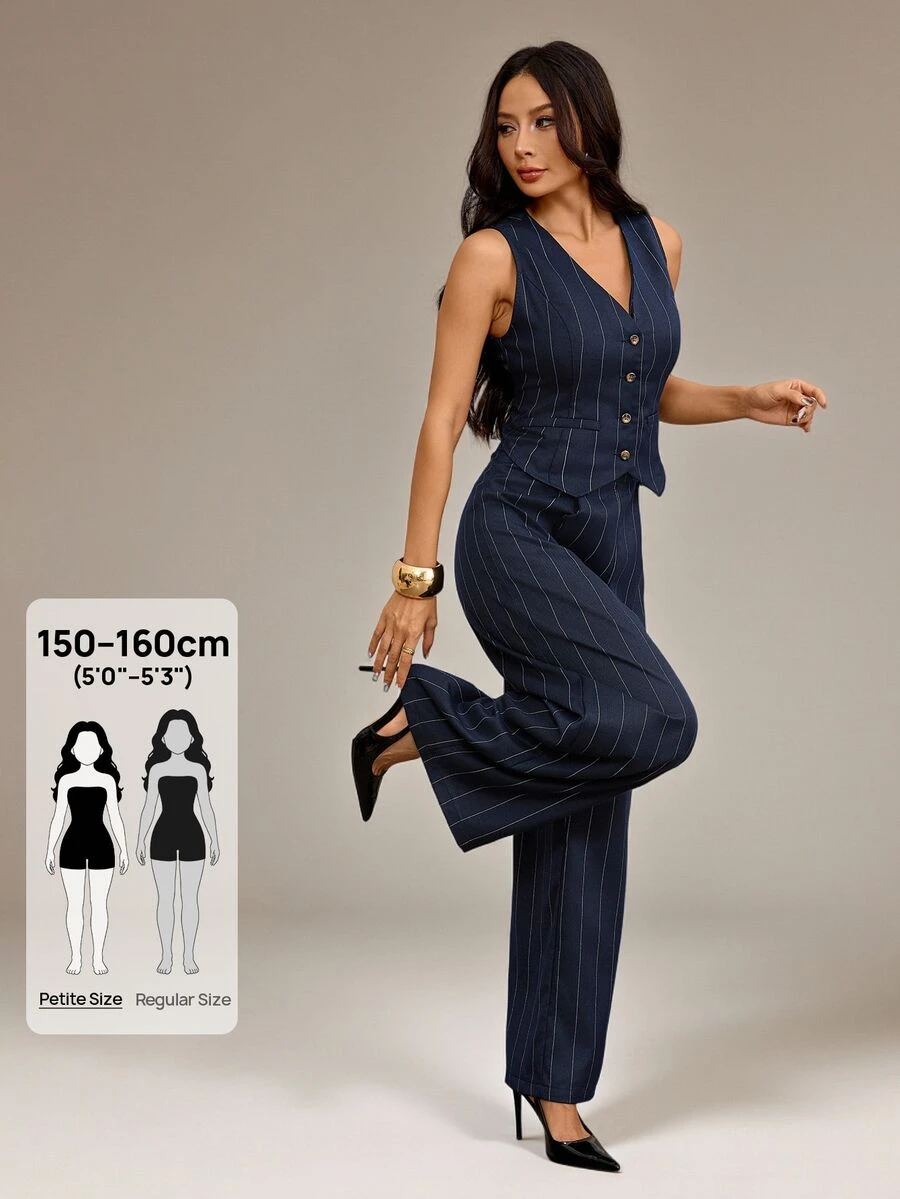 SHEIN PETITE 夏季時尚通勤條紋背心與長褲兩件套 - 彩色 - 查看 1