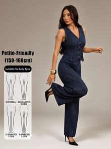 SHEIN PETITE 夏季時尚通勤條紋背心與長褲兩件套 - 彩色 - 查看 8