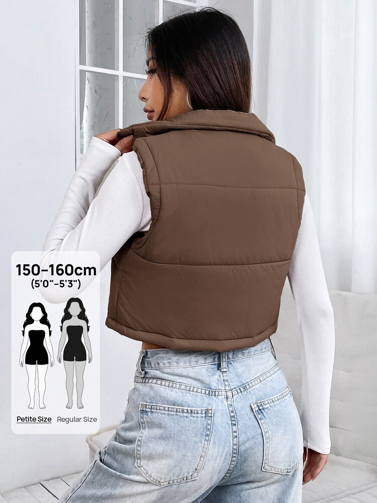 SHEIN PETITE Women's Solid Color Minimalist Casual Sleeveless Padded Coat, Everyday Wear,Women's Autumn Clothes Holiday Hiking Home Shades Of Brown - Brown - View 2