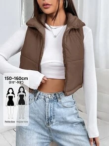 SHEIN PETITE 女款純色極簡休閒無袖填充外套，日常穿著，秋季服飾，適合度假、登山、居家，棕色系 - 棕色 - 查看 5