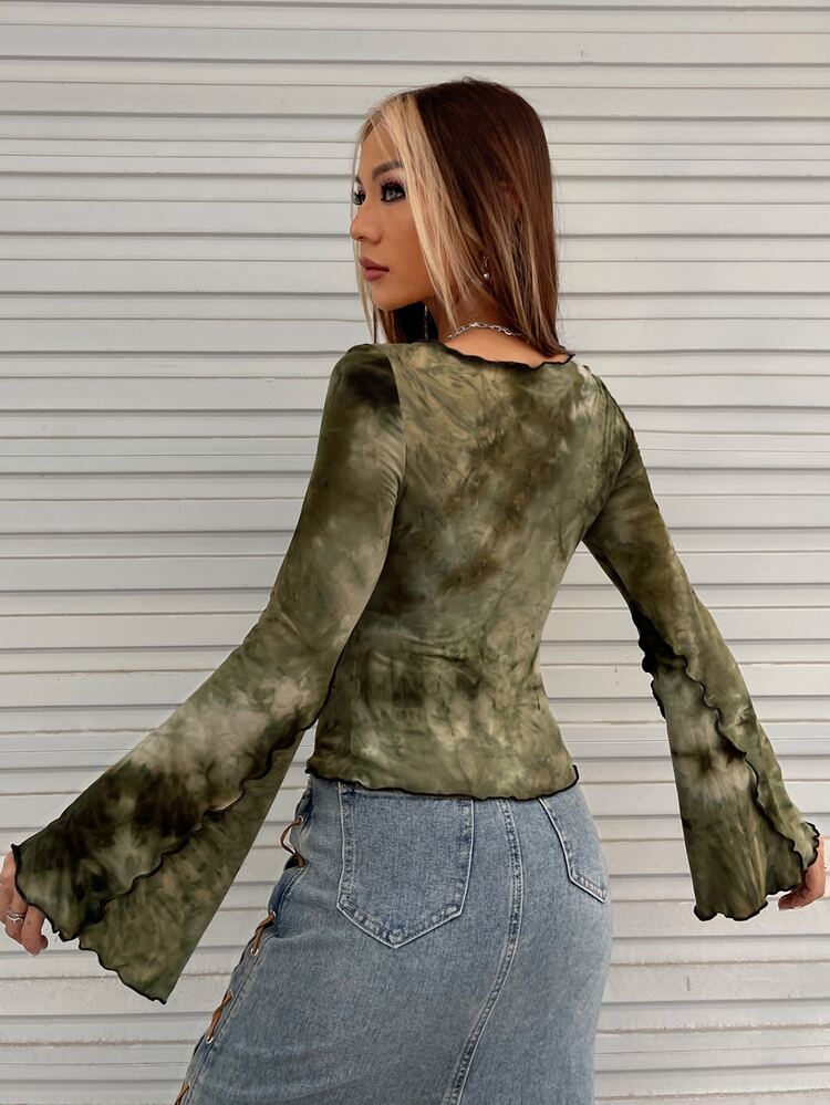SHEIN ICON Tie Dye Notched Neckline Lettuce Trim Flounce Sleeve Tee - Army Green - View 2