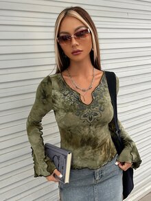 SHEIN ICON 紮染缺口領木耳邊荷葉袖T恤 - 軍綠色 - 查看 3