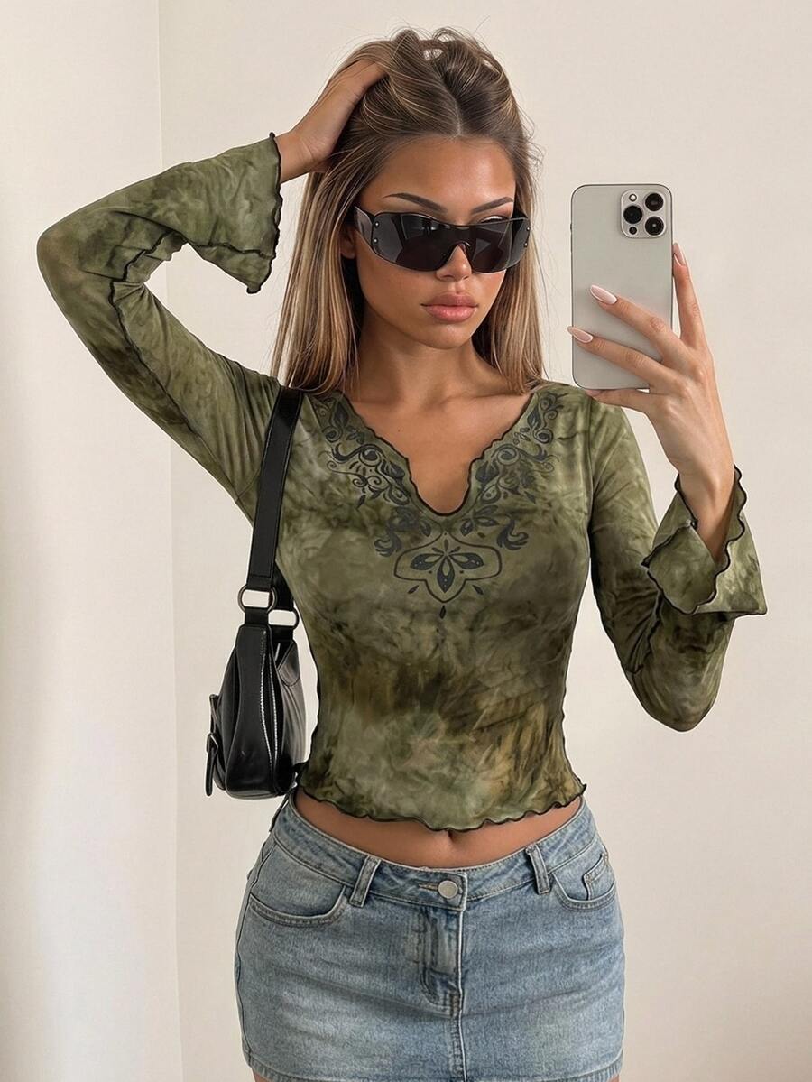 SHEIN ICON 紮染缺口領木耳邊荷葉袖T恤 - 軍綠色 - 查看 1