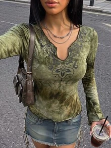 SHEIN ICON 紮染缺口領木耳邊荷葉袖T恤 - 軍綠色 - 查看 7