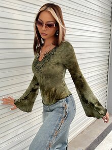 SHEIN ICON 紮染缺口領木耳邊荷葉袖T恤 - 軍綠色 - 查看 8