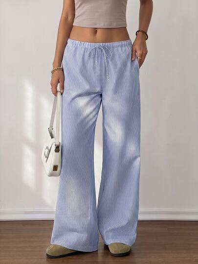 SHEIN Tall Light Blue And White Striped Casual Lounge Pants, Perfect For Autumn And Wear., Tall Women Beach