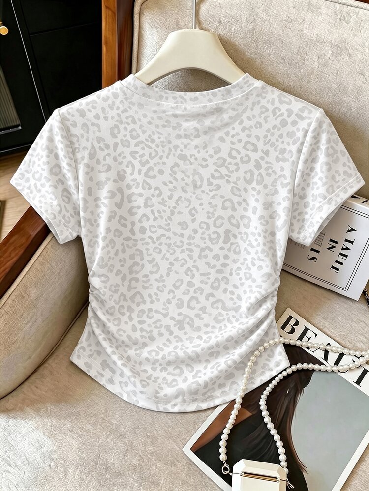 Franclia Women's T-Shirt, Summer Outing Top, Women's Round Neck Waist-Cinching T-Shirt, Light Gray Leopard Print Pattern Style, Pattern Design, Daily Wear, Casual Versatile, Commuter Style - Multicolor - View 2