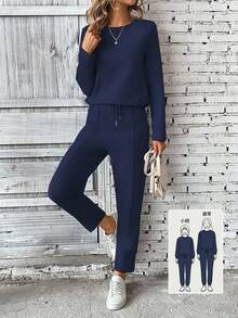 SHEIN PETITE 2件組女款長袖運動衫與長褲套裝，套頭上衣與鬆緊腰抽繩長褲，海軍藍，秋季，休閒居家運動服，適合嬌小女性 - 藏蓝色 - 查看 7