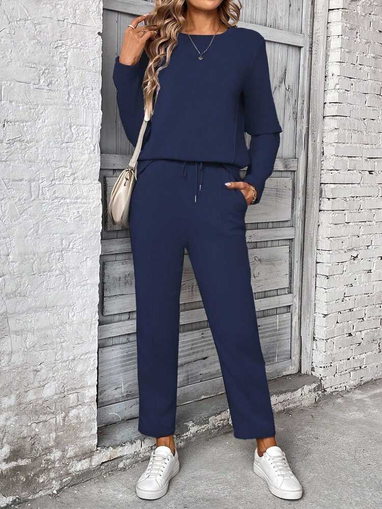 SHEIN PETITE 2pcs Women Long Sleeve Sweatshirt & Pants Set,Pullover Top & Elastic Waist Drawstring Pants,Navy Blue,Autumn,Casual,Loungewear Women's Sportswear ,Petite Women - Navy Blue - View 4