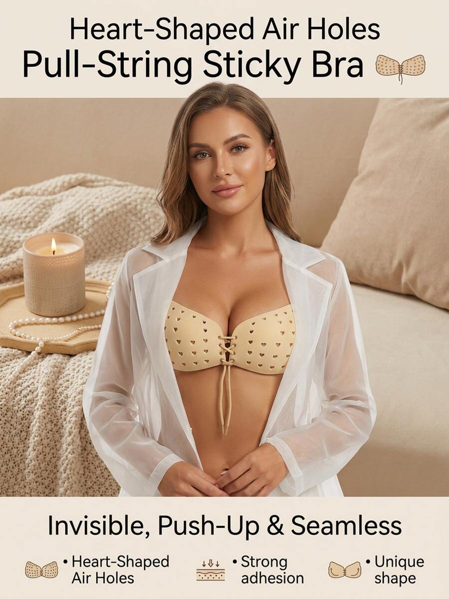 SHEIN Heart Shaped Air Holes Pull String Sticky Bra, Invisible Push Up Seamless Self-Adhesive Lace Up Bra For Women Deep V Backless Dress Summer Party - Multicolor - View 1