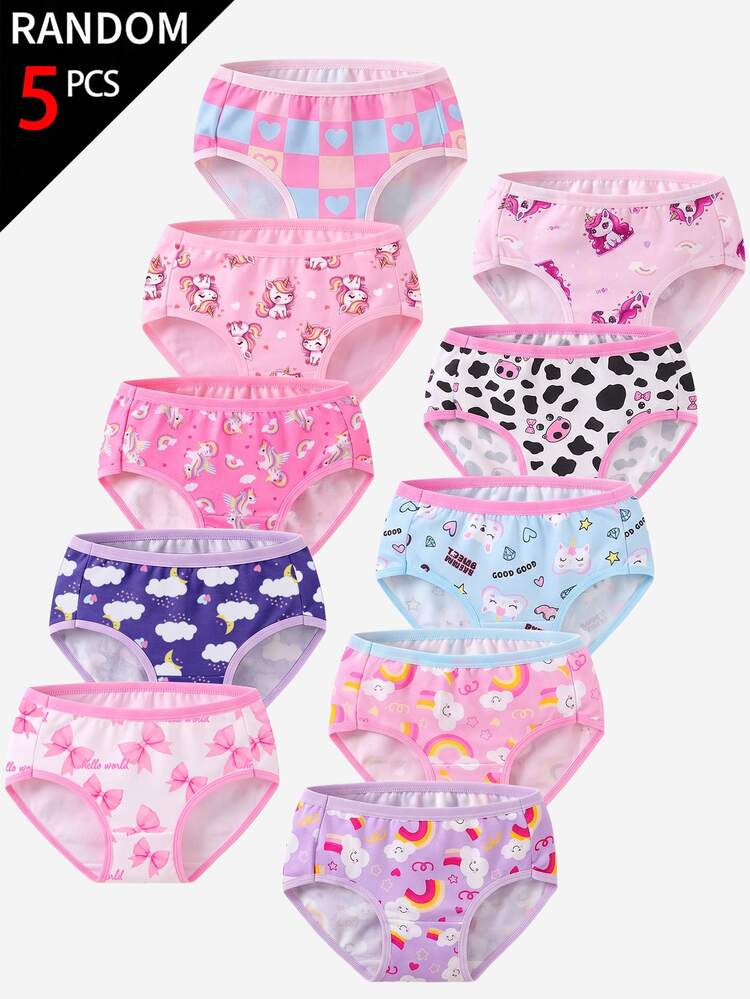 SHEIN 5pcs Random Girls Toddler Underwear, Cute Print Unicorn Rainbow Panda Cow Bow, Baby Pink, Contrast Color Ribbon, Winter First Birthday White Baby Blue - Multicolor - View 1