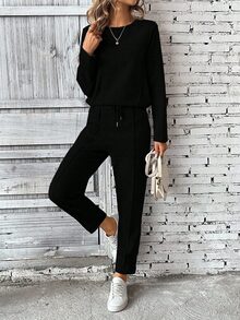 SHEIN PETITE 2件組女款長袖運動衫與長褲套裝，運動衫上衣採開衩設計，鬆緊腰抽繩長褲，適合嬌小女性 - 黑色 - 查看 3