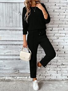 SHEIN PETITE 2件組女款長袖運動衫與長褲套裝，運動衫上衣採開衩設計，鬆緊腰抽繩長褲，適合嬌小女性 - 黑色 - 查看 1