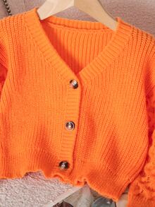 Genkimix Kids New Fashion Versatile Girls' Commuter Minimalist Small V-Neck Brown Cardigan Autumn Fall - Orange - View 4