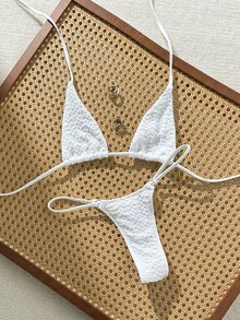 Swim SXY 女款夏季海灘純色掛脖綁帶性感時尚比基尼兩件式泳衣套裝 - 白色 - 查看 4