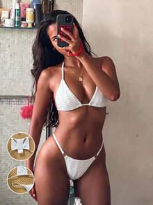 Swim SXY 女款夏季海灘純色掛脖綁帶性感時尚比基尼兩件式泳衣套裝 - 白色 - 查看 3