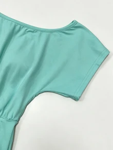 Rina Fox 女款夏季性感街頭風不對稱領短袖T恤 Y2K復古青色美式休閒基礎款 藍色 度假外出夜店穿搭 - 綠色 - 查看 9