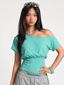 Rina Fox 女款夏季性感街頭風不對稱領短袖T恤 Y2K復古青色美式休閒基礎款 藍色 度假外出夜店穿搭 - 綠色 - 查看 4