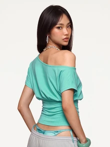 Rina Fox 女款夏季性感街頭風不對稱領短袖T恤 Y2K復古青色美式休閒基礎款 藍色 度假外出夜店穿搭 - 綠色 - 查看 3