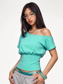 Rina Fox 女款夏季性感街頭風不對稱領短袖T恤 Y2K復古青色美式休閒基礎款 藍色 度假外出夜店穿搭 - 綠色 - 查看 7