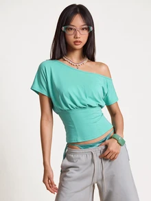 Rina Fox 女款夏季性感街頭風不對稱領短袖T恤 Y2K復古青色美式休閒基礎款 藍色 度假外出夜店穿搭 - 綠色 - 查看 6
