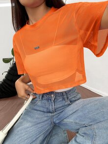 SHEIN EZwear Orange Mesh Round Neck Loose Short Sleeve Blouse For Women,See Through Top - Orange - View 1