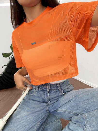 SHEIN EZwear Orange Mesh Round Neck Loose Short Sleeve Blouse For Women,See Through Top