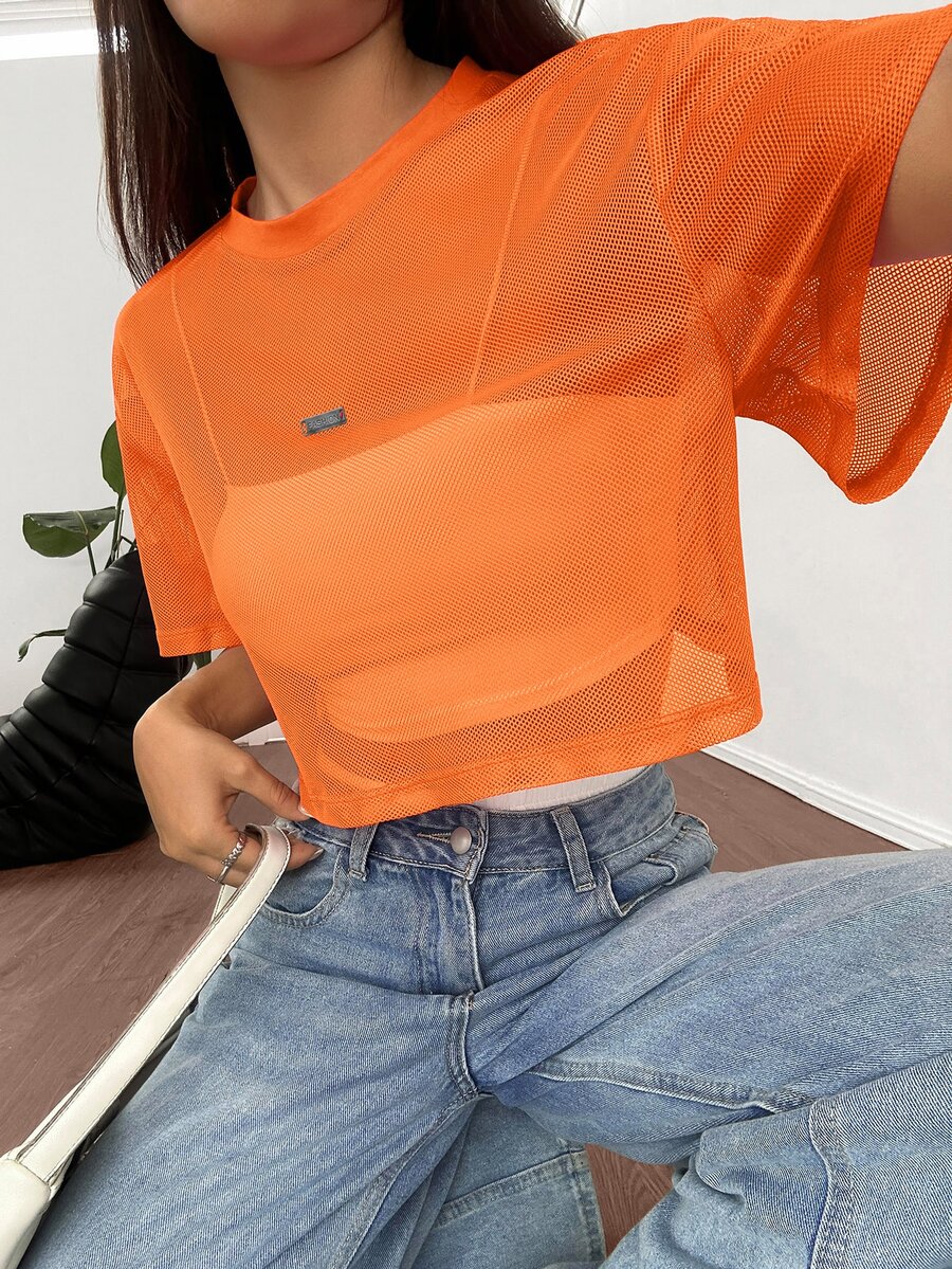 SHEIN EZwear Orange Mesh Round Neck Loose Short Sleeve Blouse For Women,See Through Top - Orange - View 1