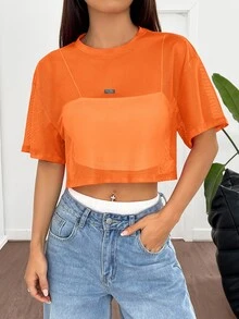 SHEIN EZwear Orange Mesh Round Neck Loose Short Sleeve Blouse For Women,See Through Top - Orange - View 5