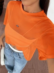 SHEIN EZwear Orange Mesh Round Neck Loose Short Sleeve Blouse For Women,See Through Top - Orange - View 4