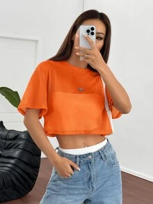 SHEIN EZwear Orange Mesh Round Neck Loose Short Sleeve Blouse For Women,See Through Top - Orange - View 3