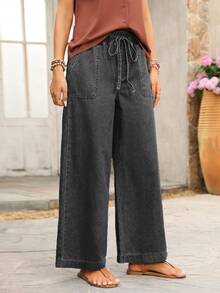 SHEIN PETITE Drawstring Waist Wide Leg Jeans - Dark Grey - View 3