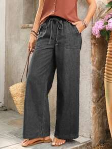 SHEIN PETITE Drawstring Waist Wide Leg Jeans - Dark Grey - View 5