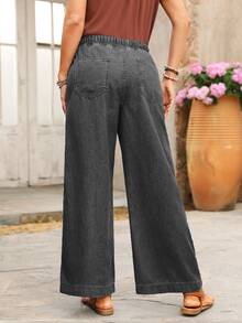 SHEIN PETITE Drawstring Waist Wide Leg Jeans - Dark Grey - View 2