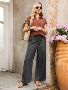 SHEIN PETITE Drawstring Waist Wide Leg Jeans - Dark Grey - View 6