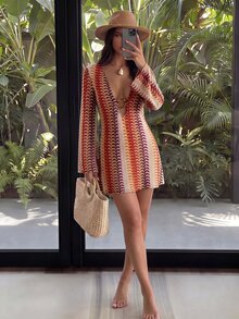 Bonvoyette 女款夏季時尚高街網紅風海灘度假優雅性感休閒波西米亞編織紋理鏤空環扣裝飾長版喇叭袖罩衫洋裝 - 鏽棕色 - 查看 6
