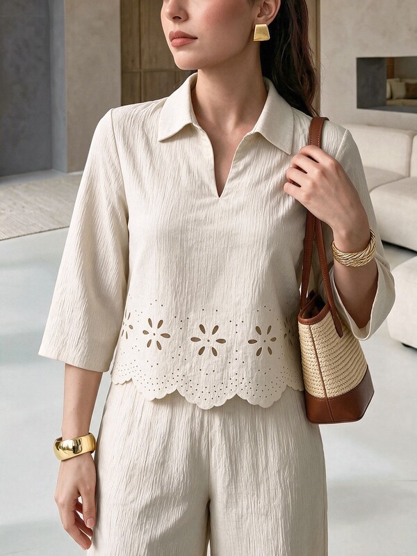 Rue Lumi Women's Burnout Hollow Long Sleeve Shirt And Textured Long Pants Loungewear 2 Pieces Set Brunch Vacation Beige Summer Minimalist Elegant
