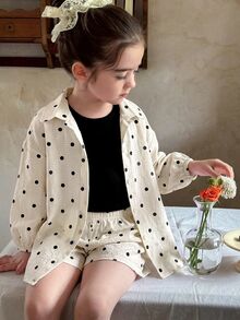 SHEIN LMoss Kids Young Girl Polka Dot Print Shirt And Shorts Set - Black and White - View 4