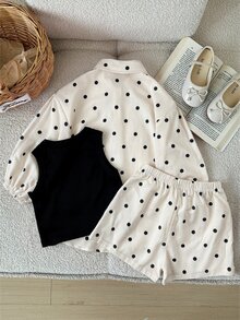 SHEIN LMoss Kids Young Girl Polka Dot Print Shirt And Shorts Set - Black and White - View 2