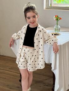 SHEIN LMoss Kids Young Girl Polka Dot Print Shirt And Shorts Set - Black and White - View 5