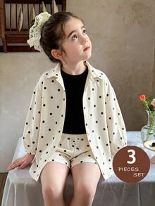 SHEIN LMoss Kids Young Girl Polka Dot Print Shirt And Shorts Set - Black and White - View 3