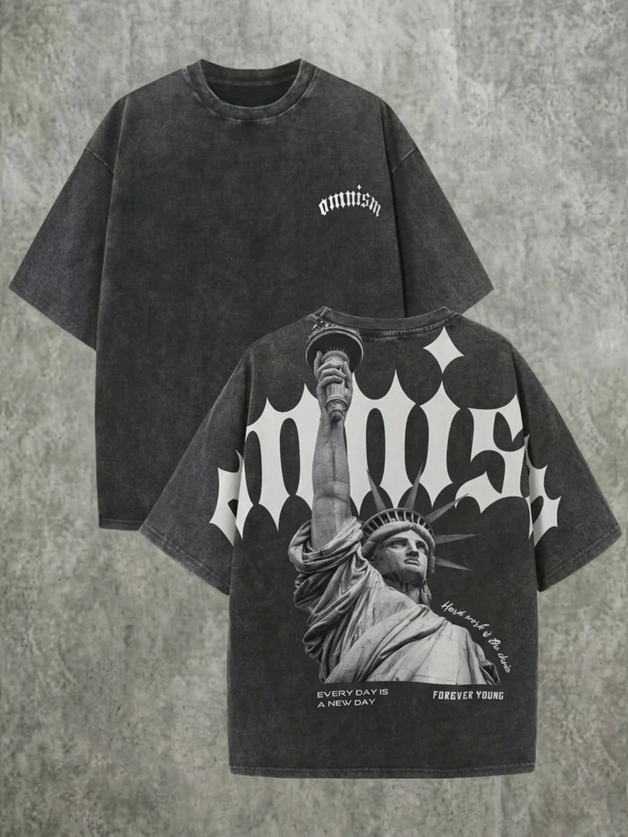 SHEIN 兒童青少年男孩 Bolty 字母與肖像圖案寬鬆深灰色圓領短袖 T-shirt